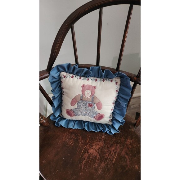 Vintage Handmade Baby Pillow With Appliqued Bear And Blue Ruffle - Picture 3 of 5